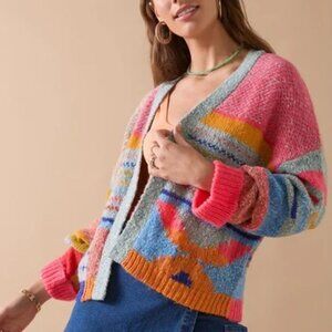 Sincerely Jules Multicolor Mixed Print Loose Slouchy Cropped Cardigan - Size M/L